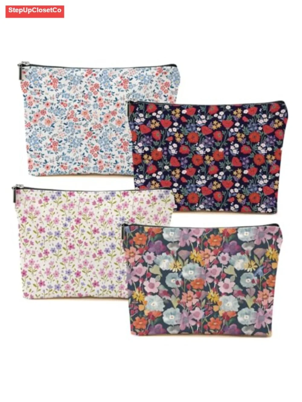 4 Pack Floral Linen Makeup Bag Cosmetic Pouch Travel Organizer Gift